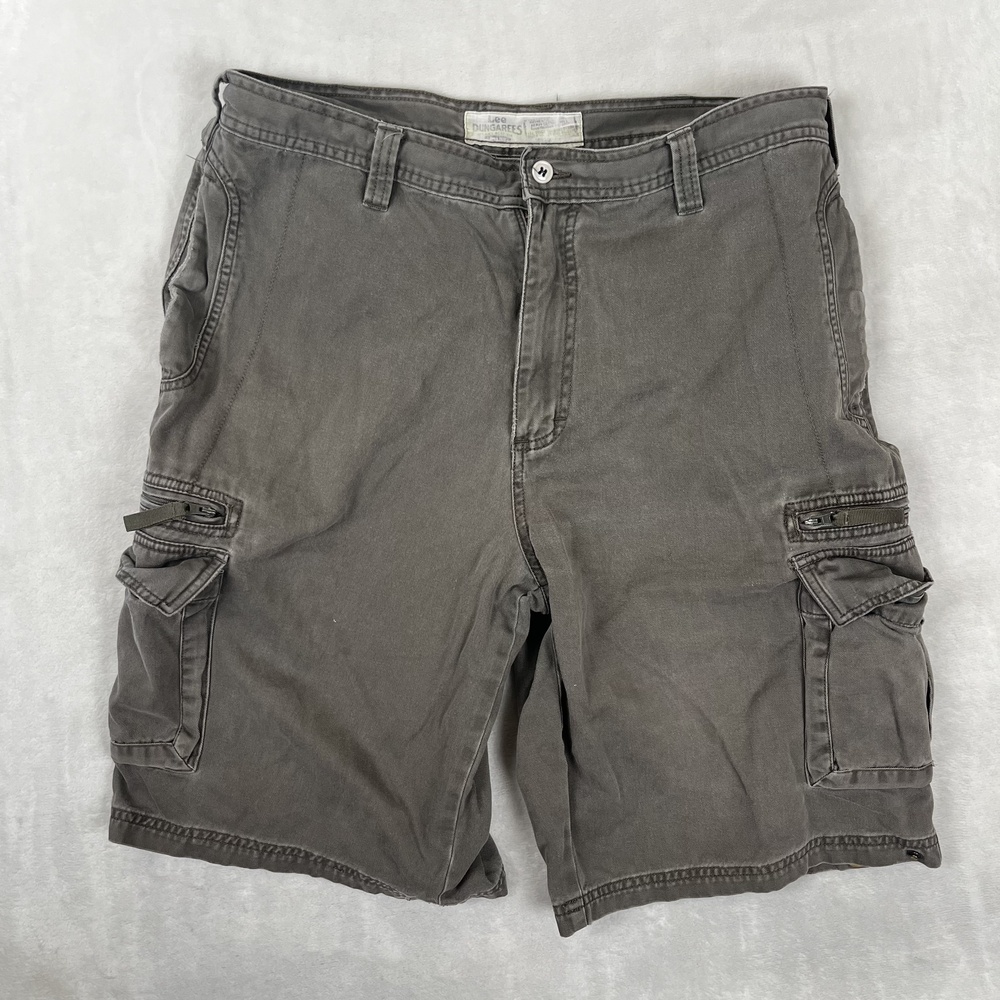 Vintage Lee Cargo Shorts Mens 34 Green Denim 10 Inseam Utility Pockets Workwear